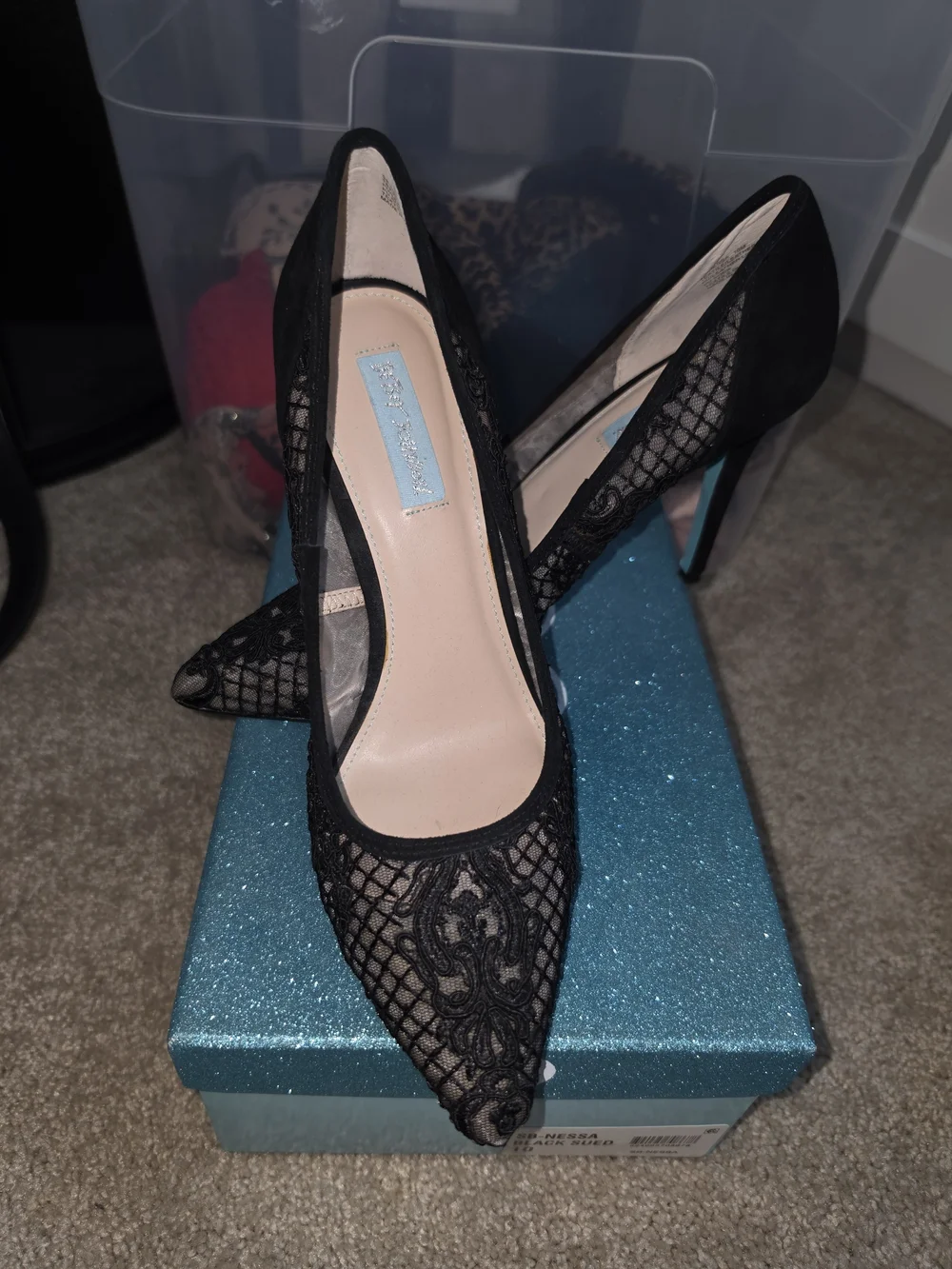 Betsey Johnson Betsey Blue Black Lace Heel. Sz 10, gothic wedding shoe